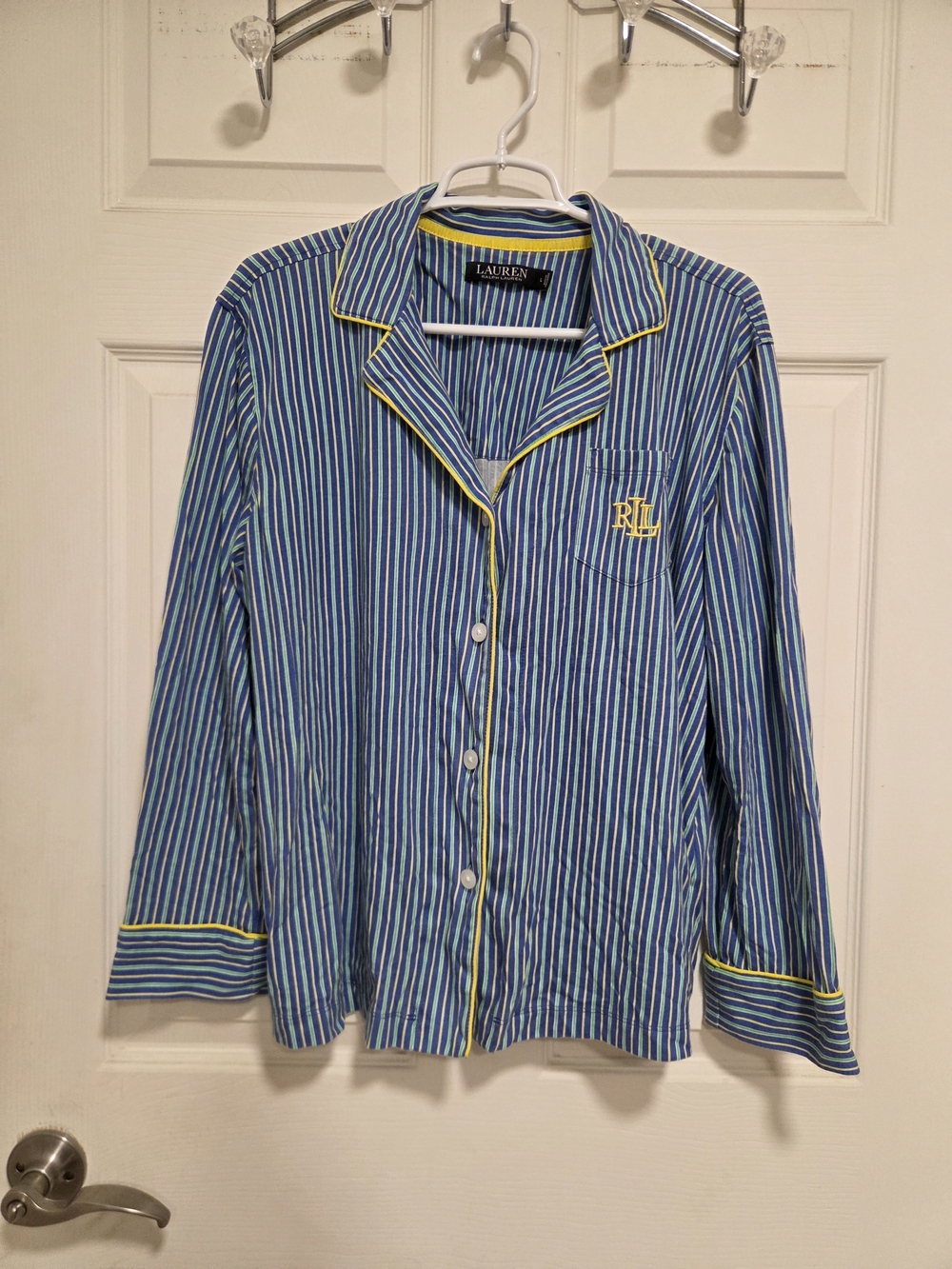 Lauren Ralph Lauren Pajama Set Size L Blue Green Striped LRL Monogram 2-Piece